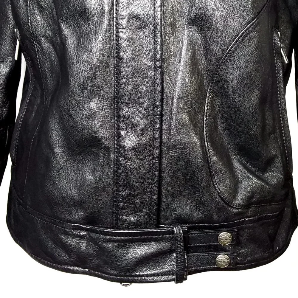 Harley Davidson Black Leather Moto Jacket Embroidered Logo Rose Size Medium - Picture 7 of 12